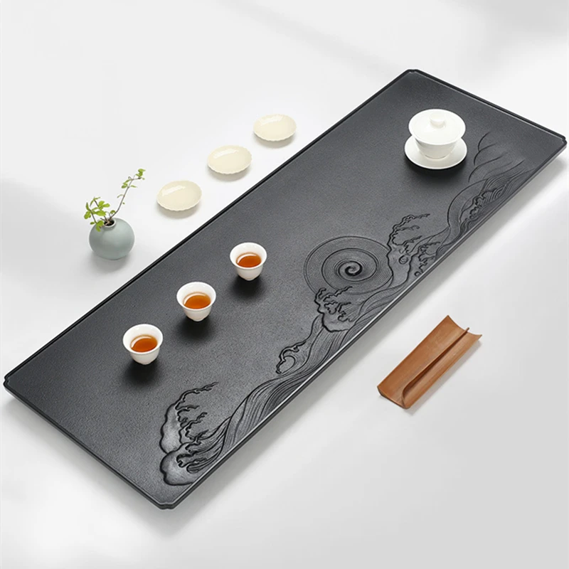 large tea tray weighted natural black stone table water draining outlet hand carved embossed serving trays for kungfu tea set