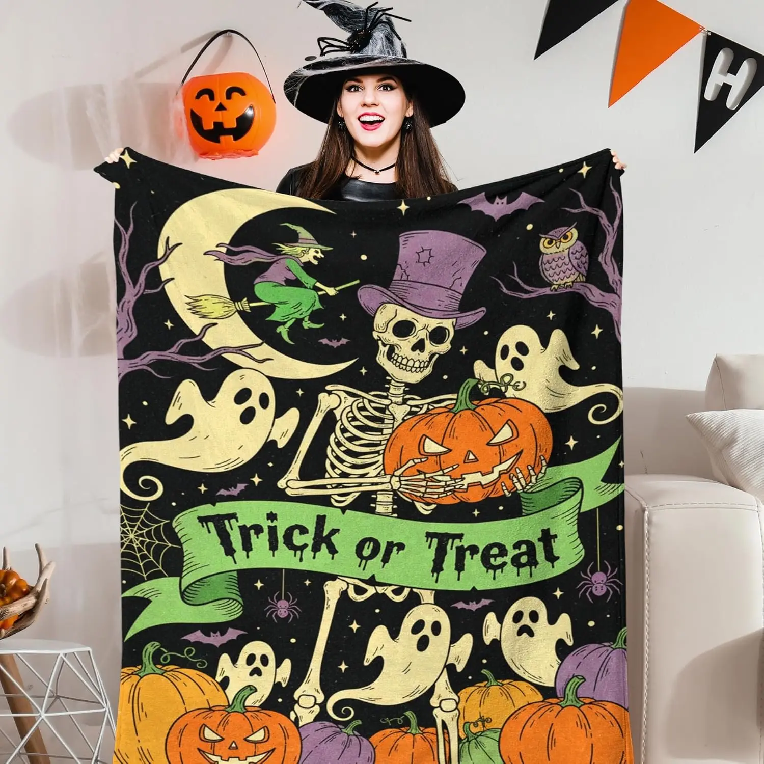 

Halloween Throw Blanket 60"x50" Pumpkin Fall Blanket Ghost Skeleton Cozy Fuzzy Warm Throw Blanket Vintage Scary Halloween