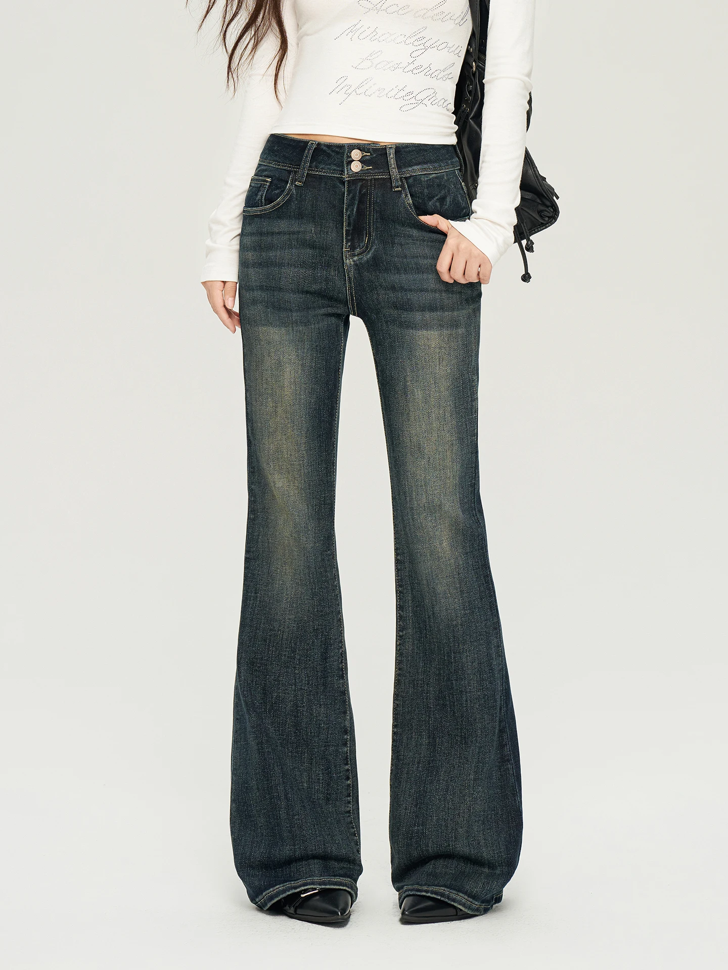 TGXQ High Waist Double Button Denim Jeans Women's 2026 New American Style Hot Girl Light Blue Gray Flared Pants