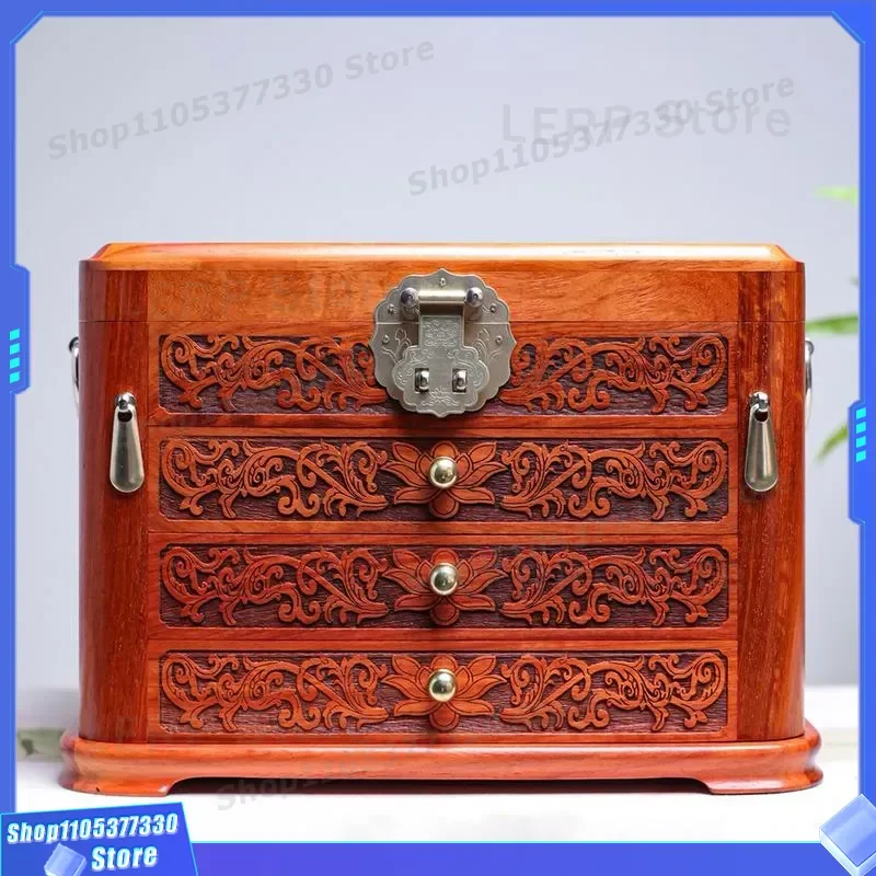 Myanmar Pear Wood Carved Flower Jewelry Box Multi Layer Wedding Gift with Lock Mahogany Dresser Organizer Ornament Storage