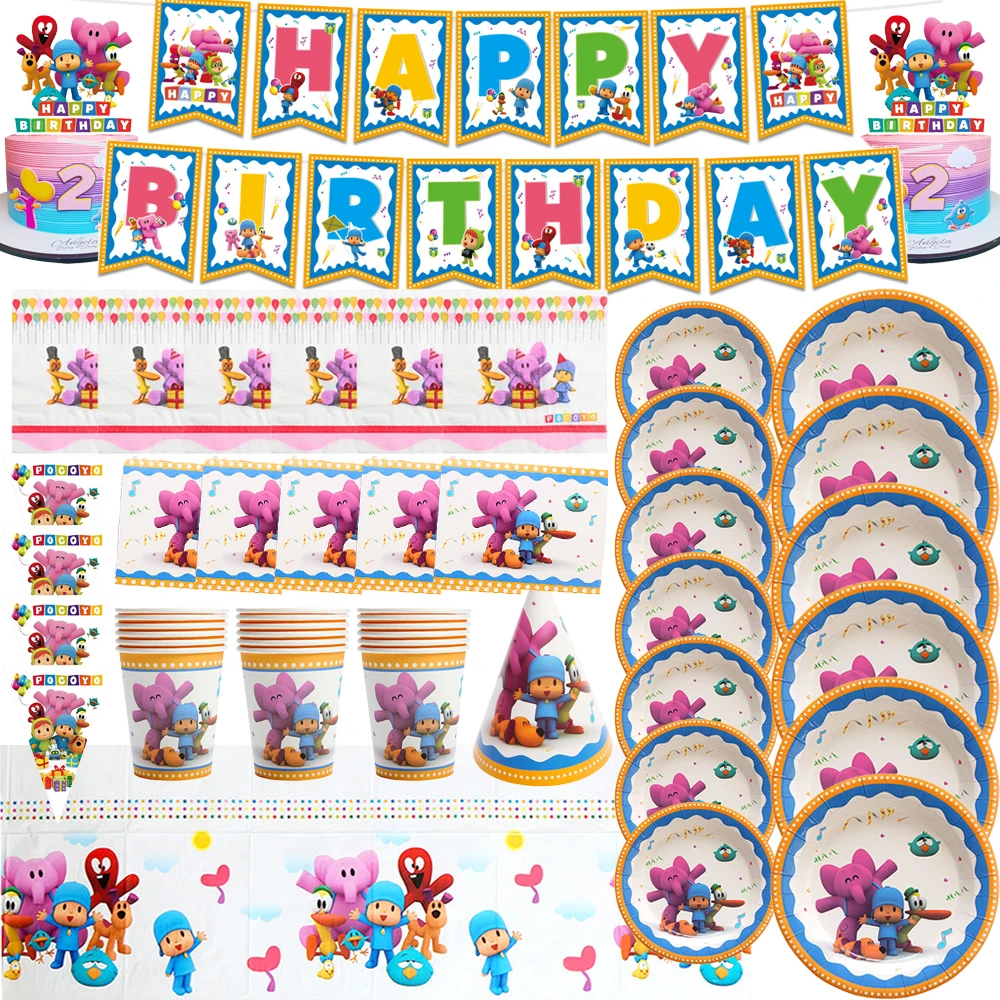 

Cartoon P-pocoyoesd Birthday Party Decoration Disposable Plates Cup Tablecloth Balloon Backdrop Monkey Banner Supplies Kids Gift