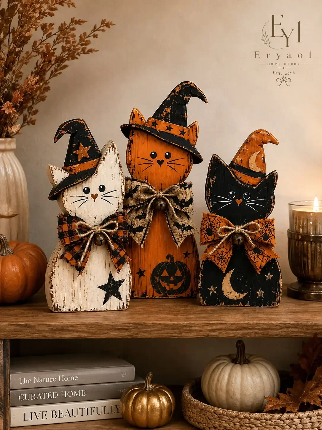 3pcs 2D Halloween Wooden Cat Decorations Set, Vintage Witch Cat Figurines With Hats And Bows, Rustic Farmhouse Tabletop Decor For Home, Mantel, Shelf, Fireplace, Autumn Party And Halloween Indoor Decoration