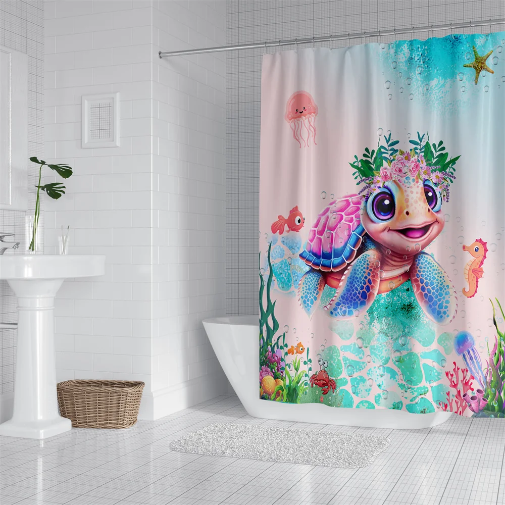 1pc Garland Turtle Shower Curtain Bathroom Partition Decorative Curtain Machine Washable Turtle Print Window Privacy Curtain