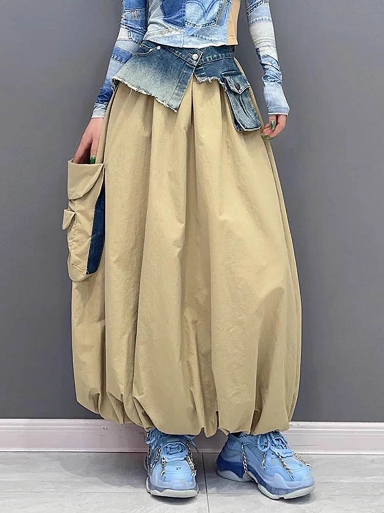 [EWQ] Denim Spliced Skirt For Women Contrast Color Loose High Street Style Female Fashion Skirts 2024 Autumn New 16O1005