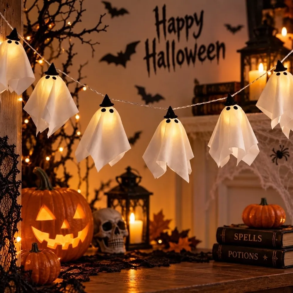 Holiday Scene Decor Warm White Halloween String Lights Spooky Soft Glowing Decorative Lamp Lights Funny Ghost Light String Porch