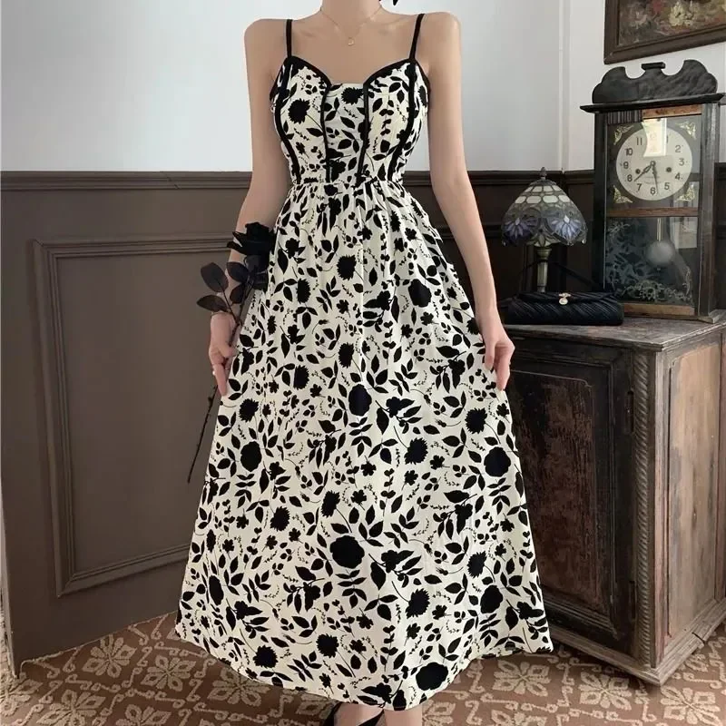 

Women Spaghetti Strap Dress Korean Style Super Fairy Floral Maxi Dress Female Summer Resort Style Suspender Dresses