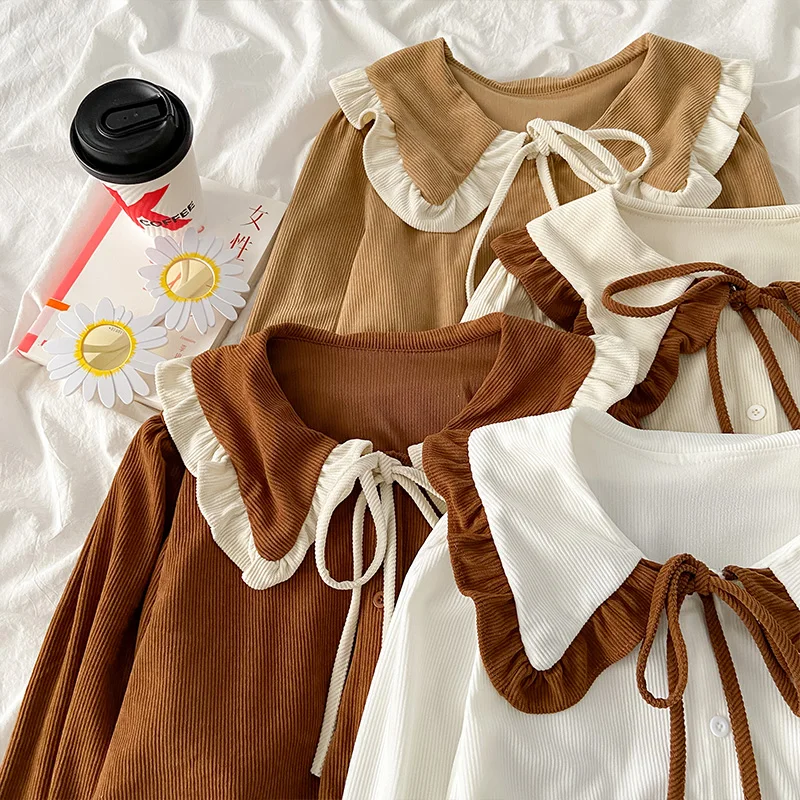 Preppy style women cute Lolita blouse autumn sweet peter pan collar Loose shirt female elegant white apricot Long sleeve blusas