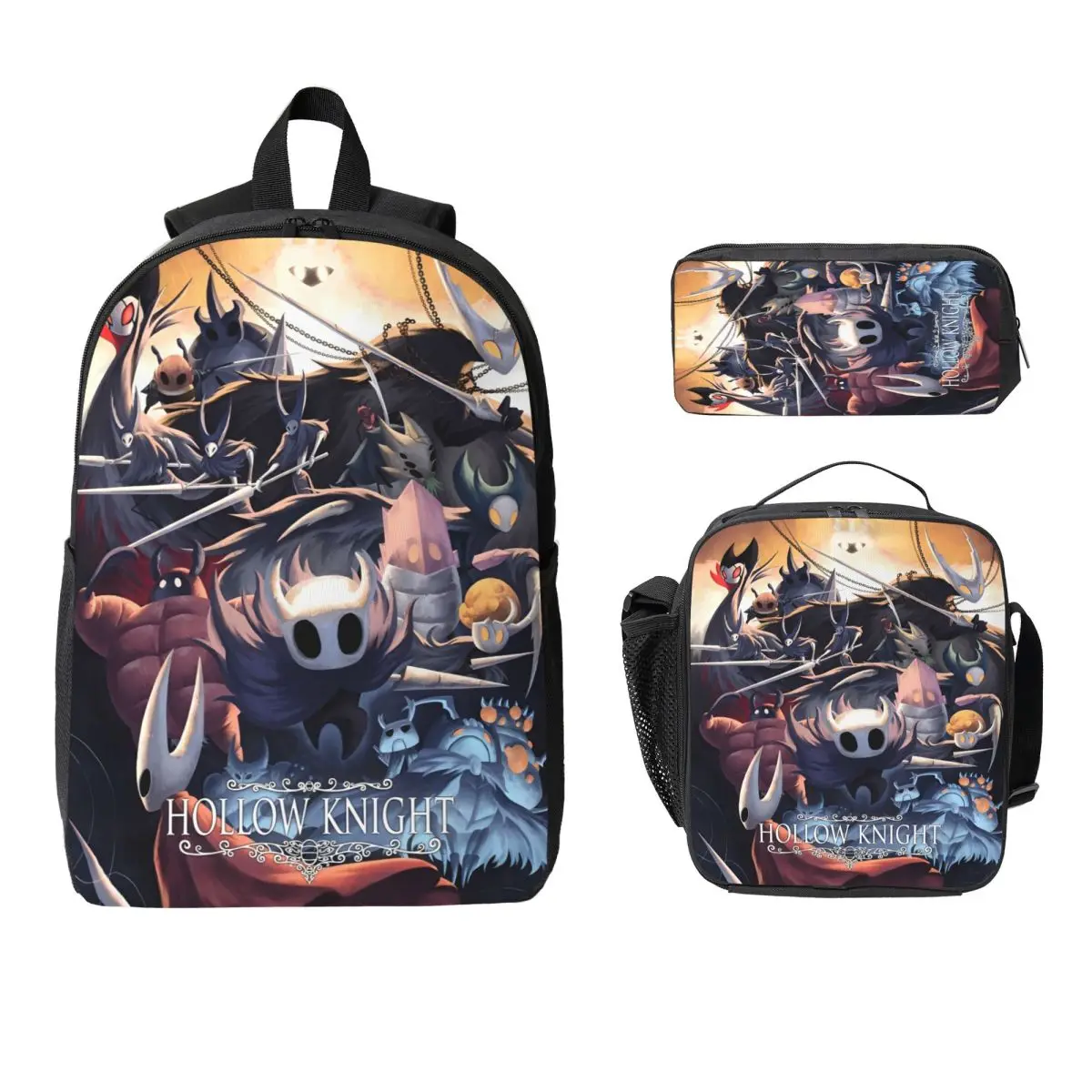 

3 шт., школьные сумки Hollow Knight с забавными играми, набор для мальчиков и девочек, сумки для ручек, наборы рюкзаков с коробкой для завтрака для школьников, рюкзак