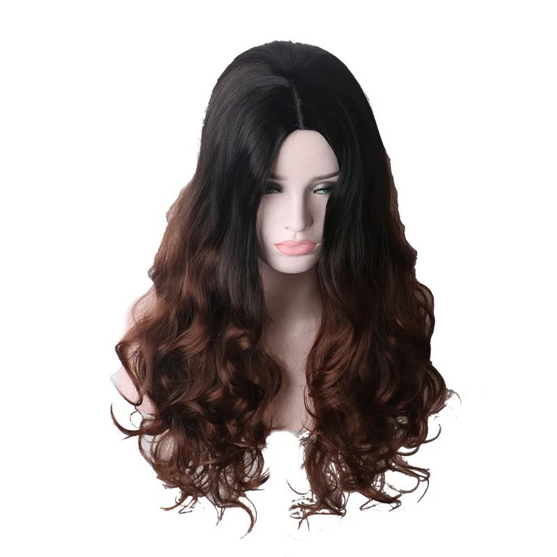 Gradual brown large wavy wig long curly hair high temperature silk headgear for female chemical fiber