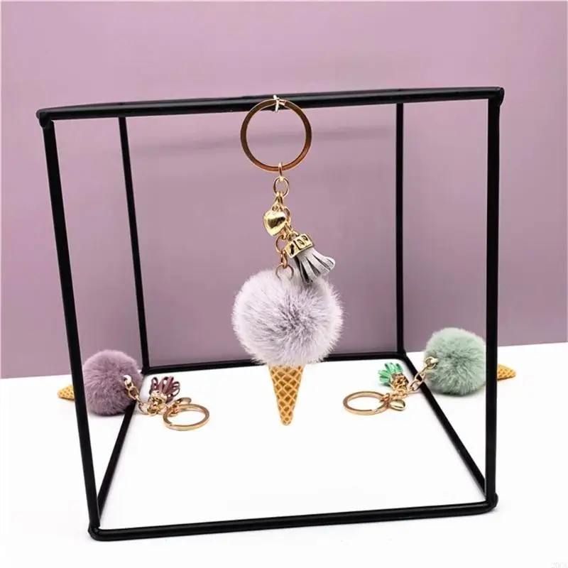 

Ice Cream Keychain Holder for Keys and Bags Soft Pompoms Pendant Keyring 20CA