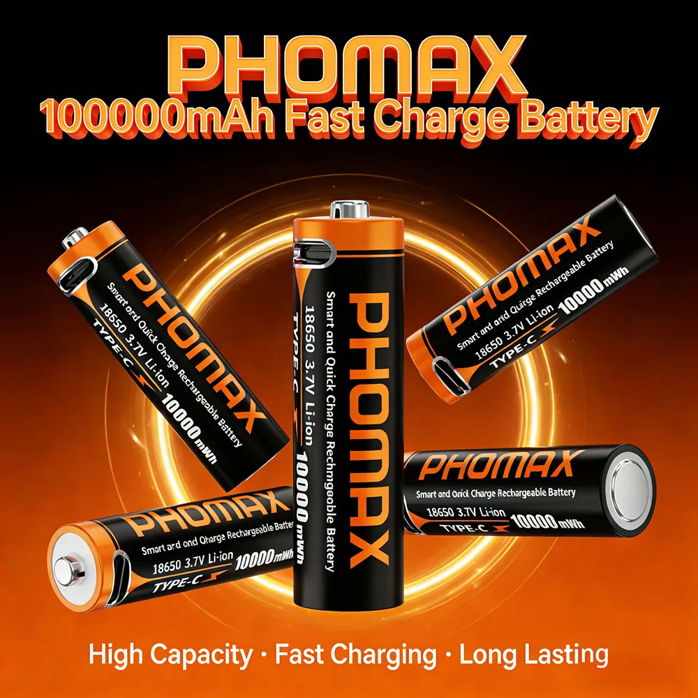 PHOMAX 18650 Lithium Battery 10000mWh Rechargeable Batteries 3.7V Large Capacity Battery, Long-lasting and Durable,Fast Charging