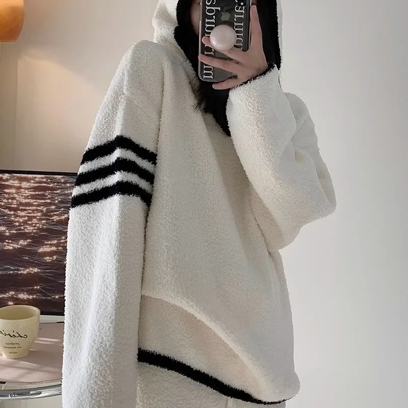 Women's Autumn Winter Korean Style Coral Fleece Pajama Set Thickened Long Sleeves Trousers Cozy Flannel Loungewear Indoor XXL