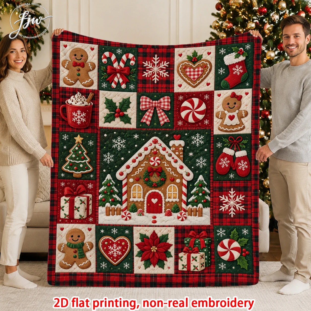 1pc 2D Flat Vintage Christmas Gingerbread Blanket, Candy Cane & Holly Print, Ultra Cozy Throw for Bed, Sofa, Chair & Office