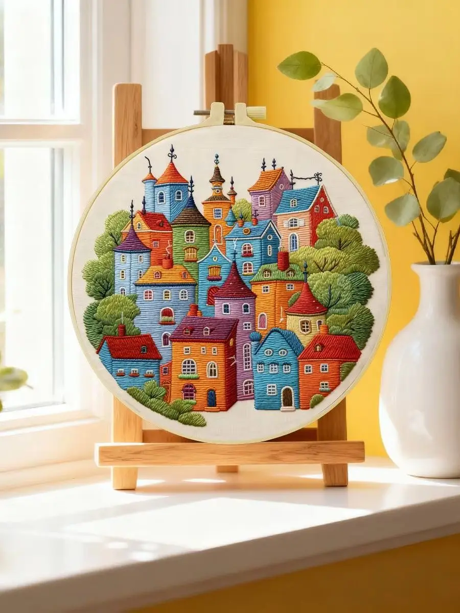 1 Stück 20X20CM/15X15CM 7,87/6,3 Zoll Buntes Haus Stickerei Starter-Kit DIY-Kit DIY-Stickerei-Set Handarbeiten Nähkunst – Detail 6