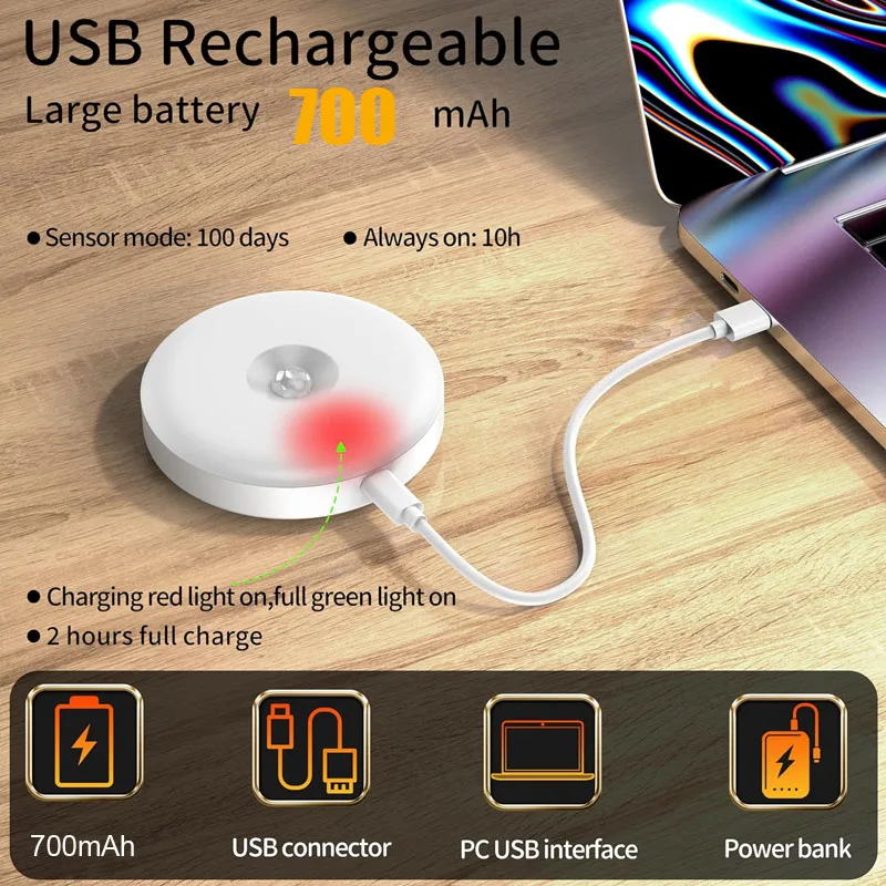 Night Light LED With PIR Motion Sensor Rechargeable USB Kitchen Cabinet RGB Lamp For Bedroom Room New Year Decoration
