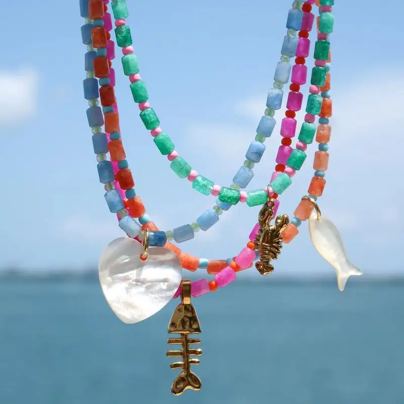 Chic Resin Multi-color Bead Chain For DIY Neckalce White Shell Fish Heart Stainless Fishbone Crayfish Charms Choker Boho Jewelry