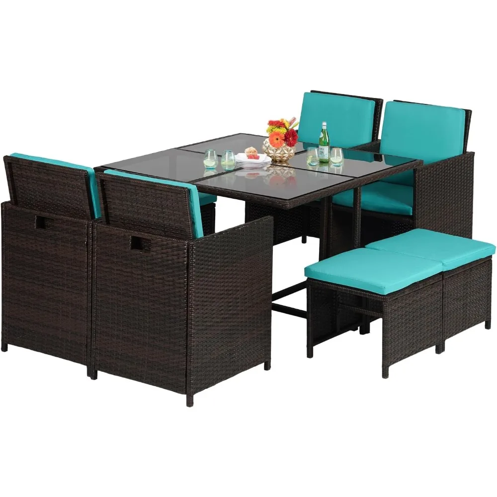 

Patio Furniture Set 9 Pieces Patio Dining Sets Space Saving Wicker Furniture with 4 Rattan Chairs 4 Ottomans and Glass Table