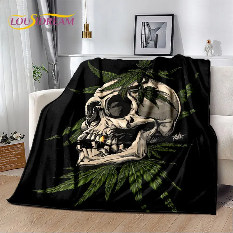 Maple Weed Plants Green Death Skull Soft Plush Blanket,Flannel Blanket Throw Blanket for Living Room Bedroom Bed Sofa Picnic Kid