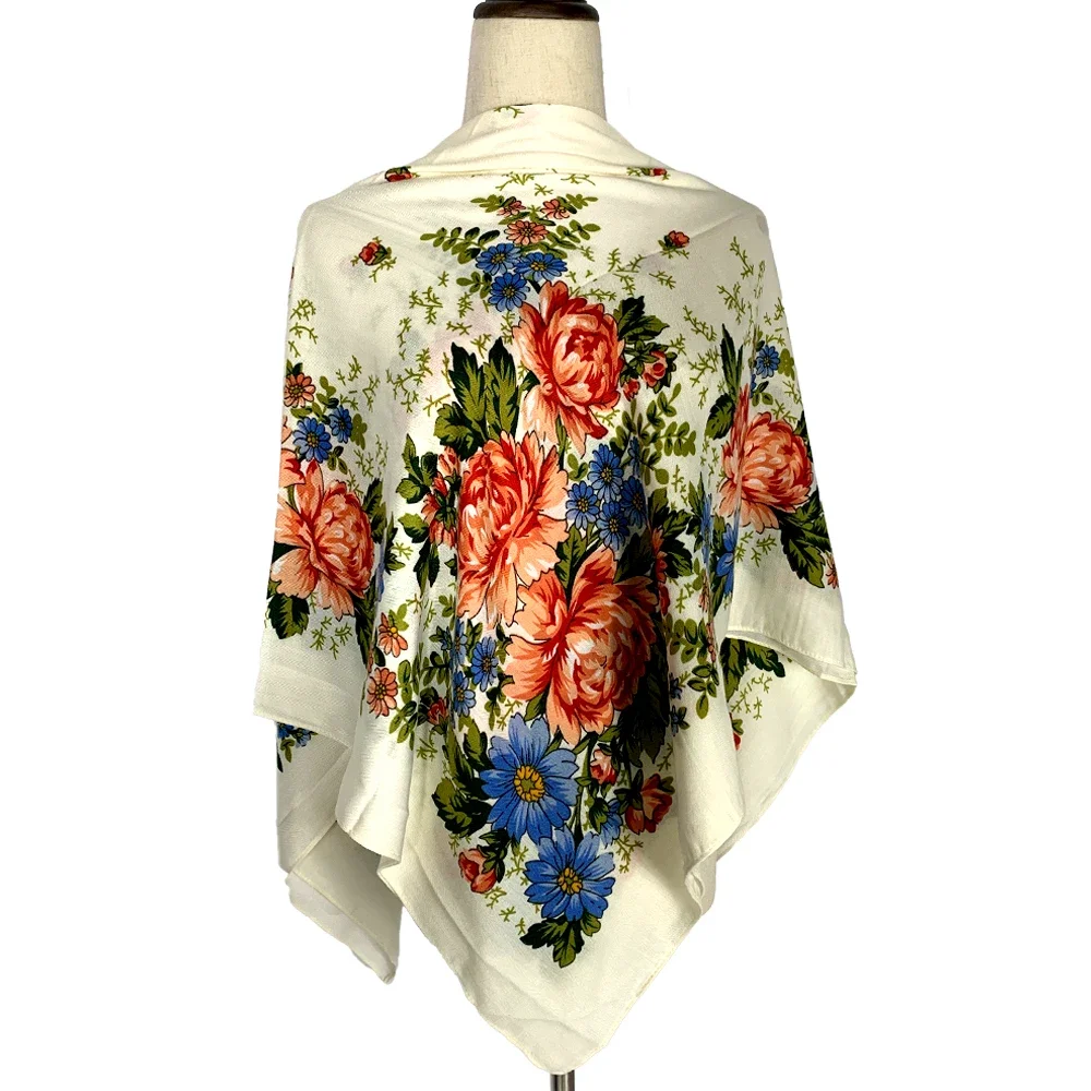 Russian Style Floral Print Square Scarf Women Luxury Flower Printed Shawls and Wraps Lady Bandana Travel Sunshade Shawl Bufanda