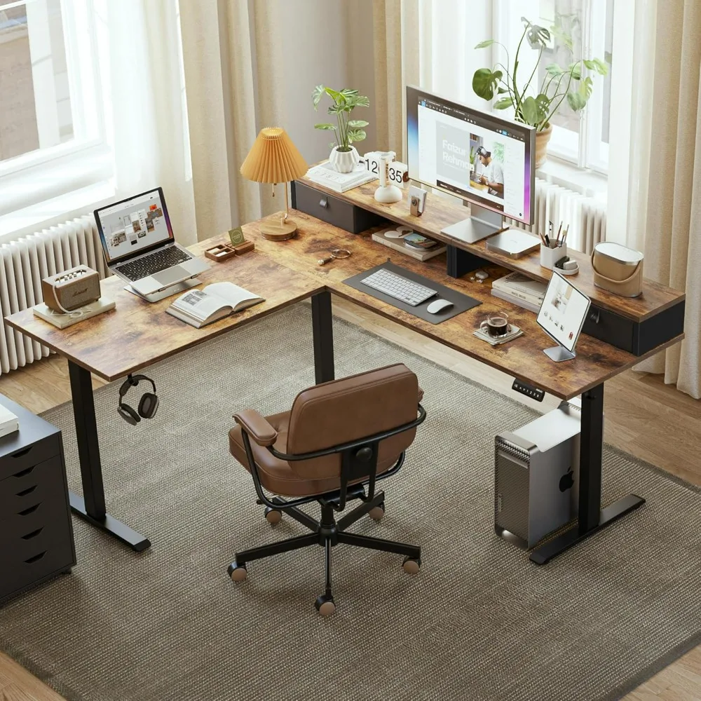 Desk,with 2 Drawers, 63 Inch Ergonomic Adjustable Height Desk With Storage, Corner Desk Sit Stand Up Computer Table