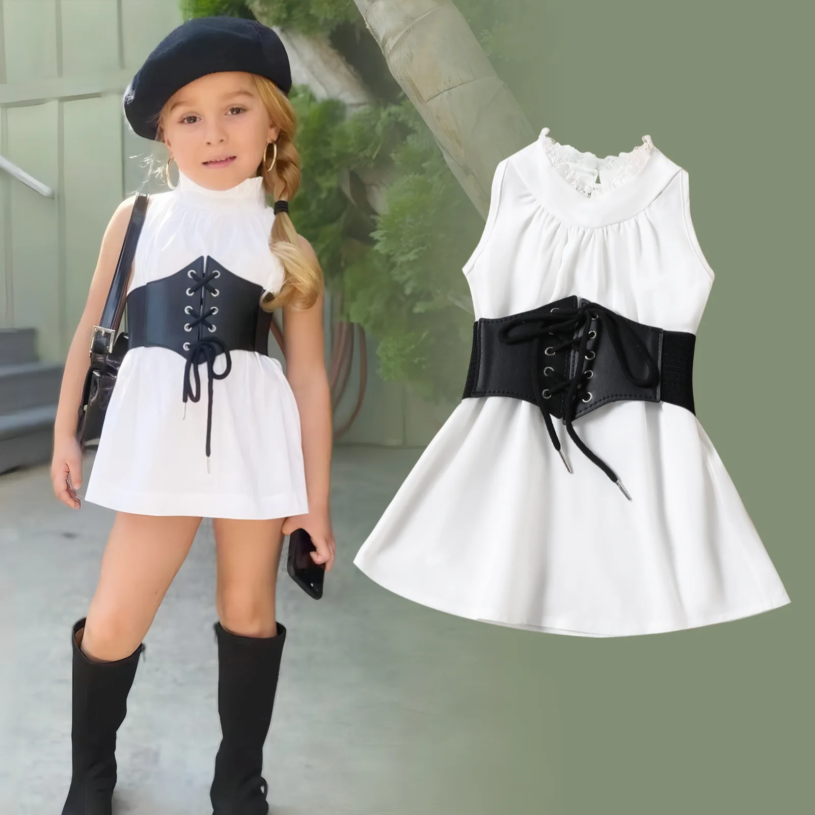 Girls summer new high-neck dress + elastic elastic belt decoration wide waist sealing waist two-piece set