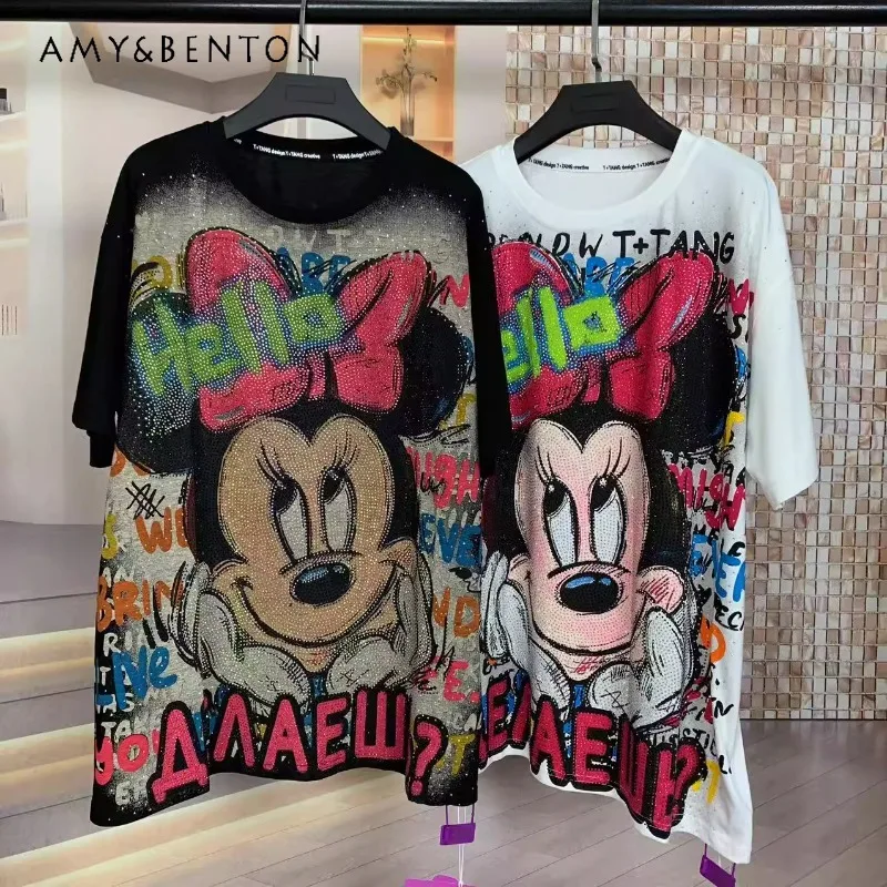 

Summer New Tshirt Heavy Industry Full Diamond Cartoon Medium And Long Loose Short-sleeved T-shirt Top Y2k O-neck Pullover Ladies