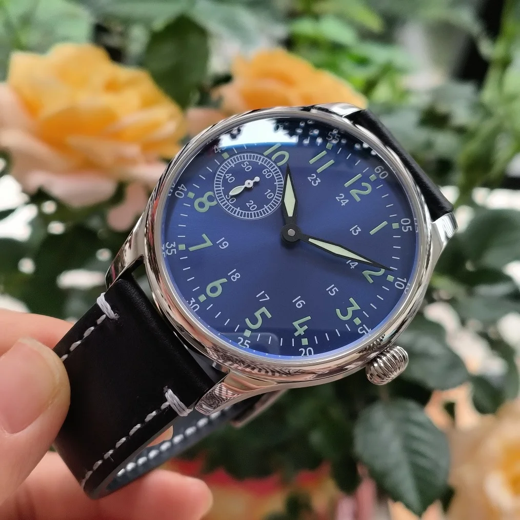 

44mm Mechanical Hand Wind Men's watch blue dial green number Green luminous Sapphire crystal ST3600 movement