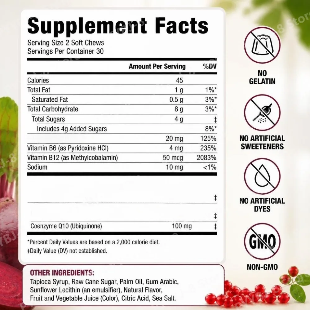 Beets Root Soft Chews with Grape Extract CoQ10 and Beet Nitrates, Blood Pressure Support, 60 Soft Chews Pomegranate Berry
