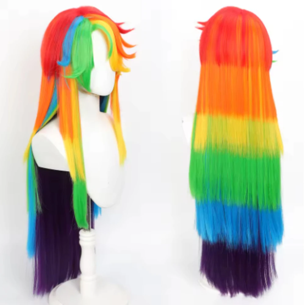 Role-Playing Wig for Anime: Rainbow-Colored Pony Wig with Long Hair Synthetic Rainbow Wig Suitable for Anime Character Cosplay