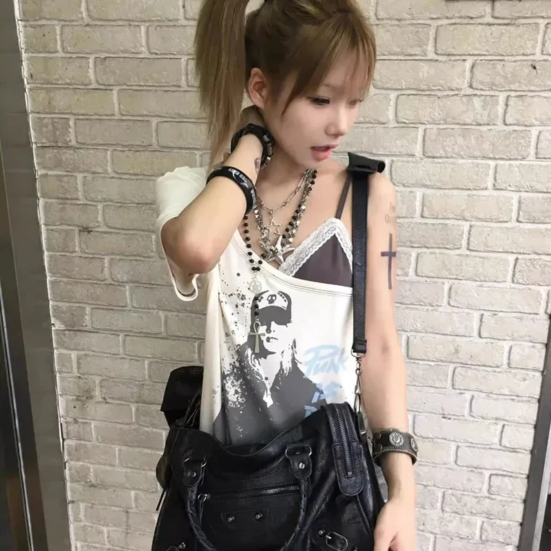 

Новая летняя кружевная лоскутная футболка женская с принтом Харадзюку повседневные футболки с косым воротником женские Y2K эстетические свободные топы из двух предметов