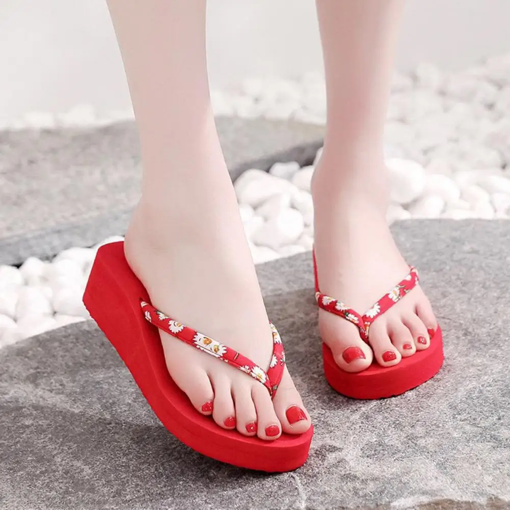 Summer Women Slippers Thick Soles Flower Print Bottom Solid Open Toe Flip Flops Outwear Shopping Beach Home Sandals