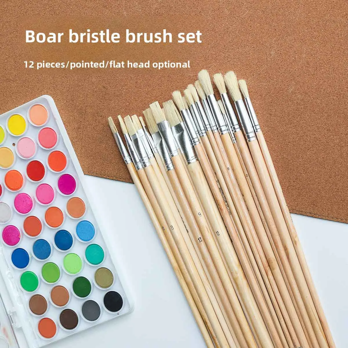 12 Pig Bristle Wooden Rod Brush Set Art Flat/Round Head Brus