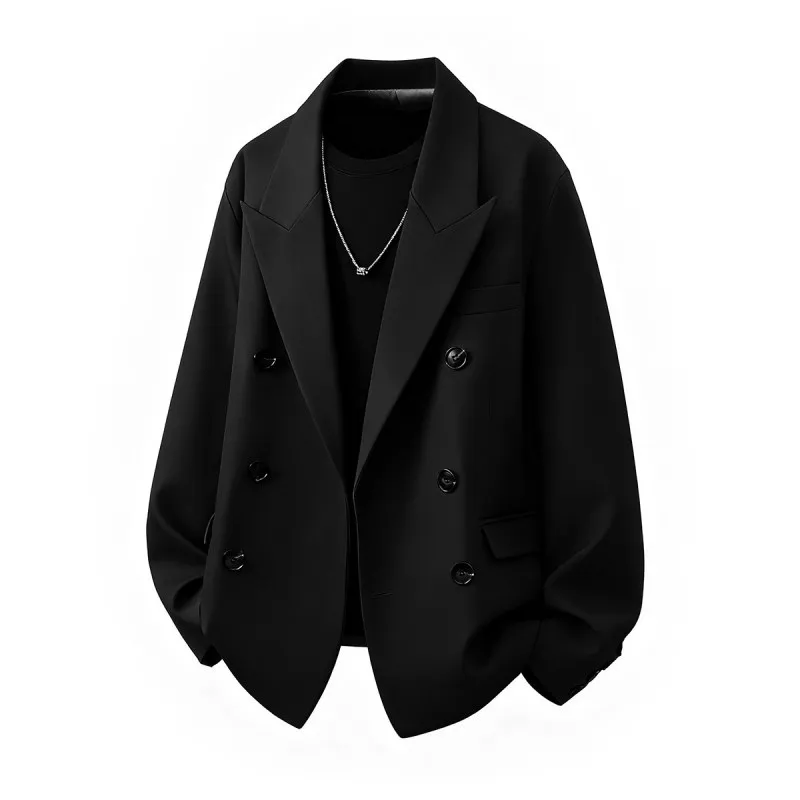 KIDWHXR Suit Jacket Men Korean Solid Double-breasted Male Outerwear Oversize Long Sleeve Casual Versatile Blazer for Man