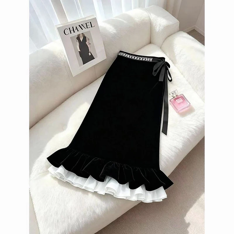 Vintage Black Velvet Midi Skirt Women Elegant Ruffles Bow Lace Up Mermaid Skirts Winter Ladies Korean Patchwork Trumpet Faldas