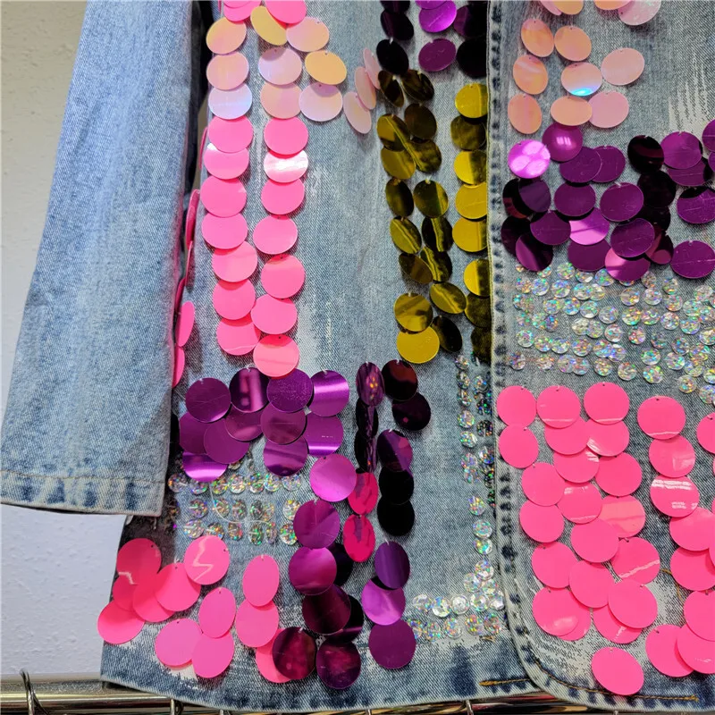ANJYฤดูใบไม้ร่วงใหม่ผู้หญิงInsอินเทรนด์Streetwear Y2kแฟชั่นElegantสีสันSequins Turn-DownคอยาวแขนยาวDenimแจ็คเก็ตA7751