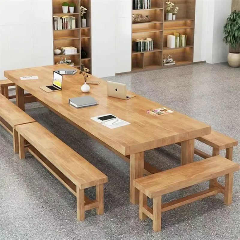 for Solid Wood Log Conference Table Workbench Computer Desk Negotiation Table with Chair Simple Modern Large Strip Design