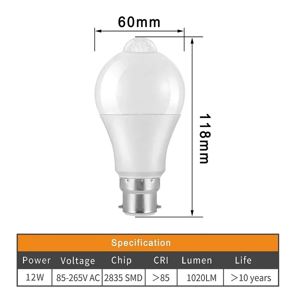 Melery LED Smart Motion Light Sensor Bulbs B22 PIR Cool White 6000K Auto On/Off  Night Lamp Stairs Garage Corridor Walkway Yard