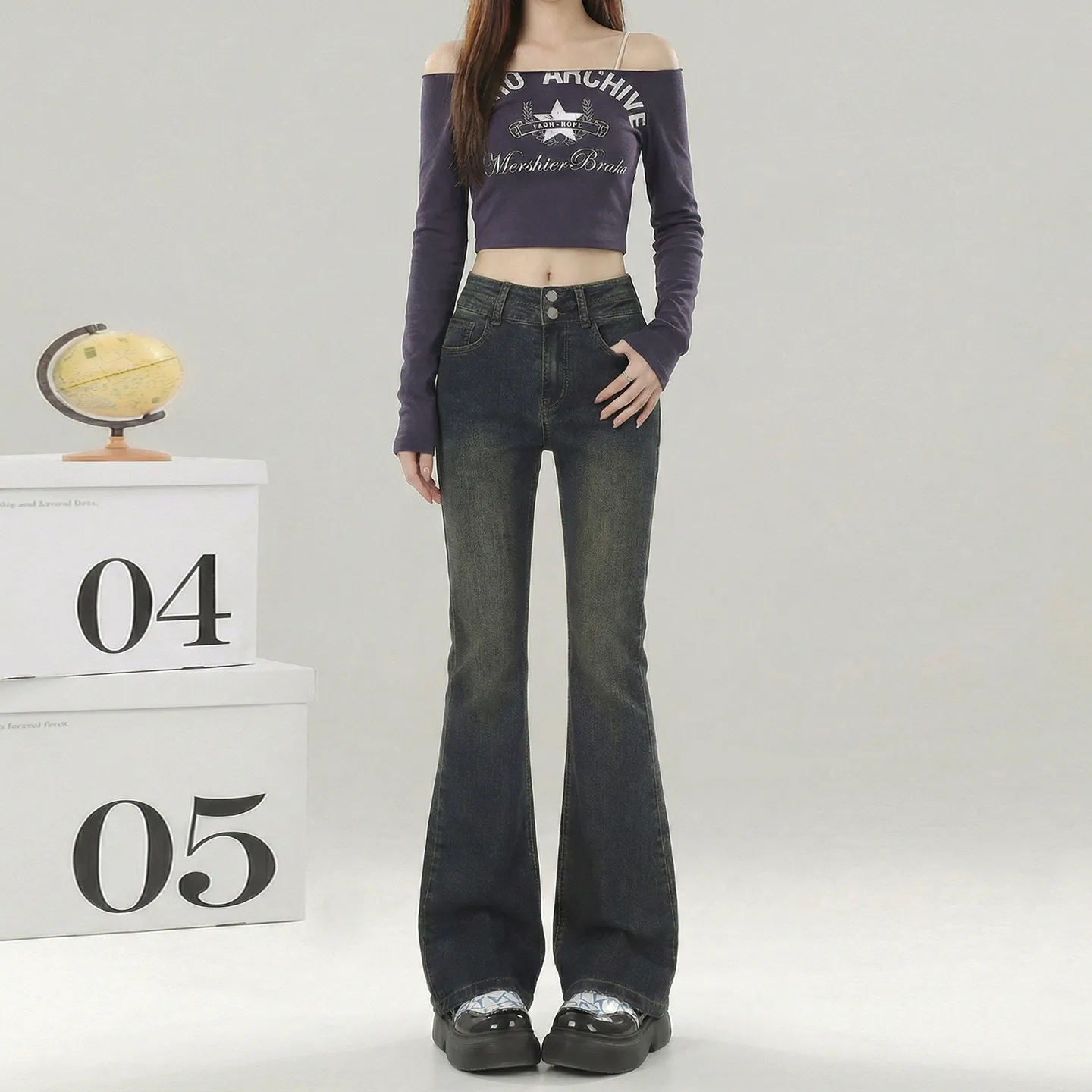

American Retro High Waist Bell Bottom Jeans Women's Cement Grey Non-Matching Leg Design Sensation Elastic Drapey Slimming Bel...