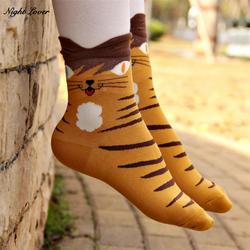 4Pairs Women Animal Cotton Socks Autumn Winter Cartoon Cat Patterned Tube Socks Female Ladies Cute Funny Socks