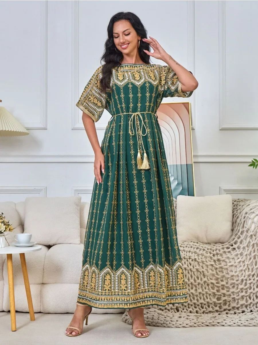 Kaftan Longo Bordado Feminino, Eid, Vestido de Festa Muçulmano, Abaya, Ramadã, Manga Curta, Dubai, Kaftan, Jalabiya, 2022