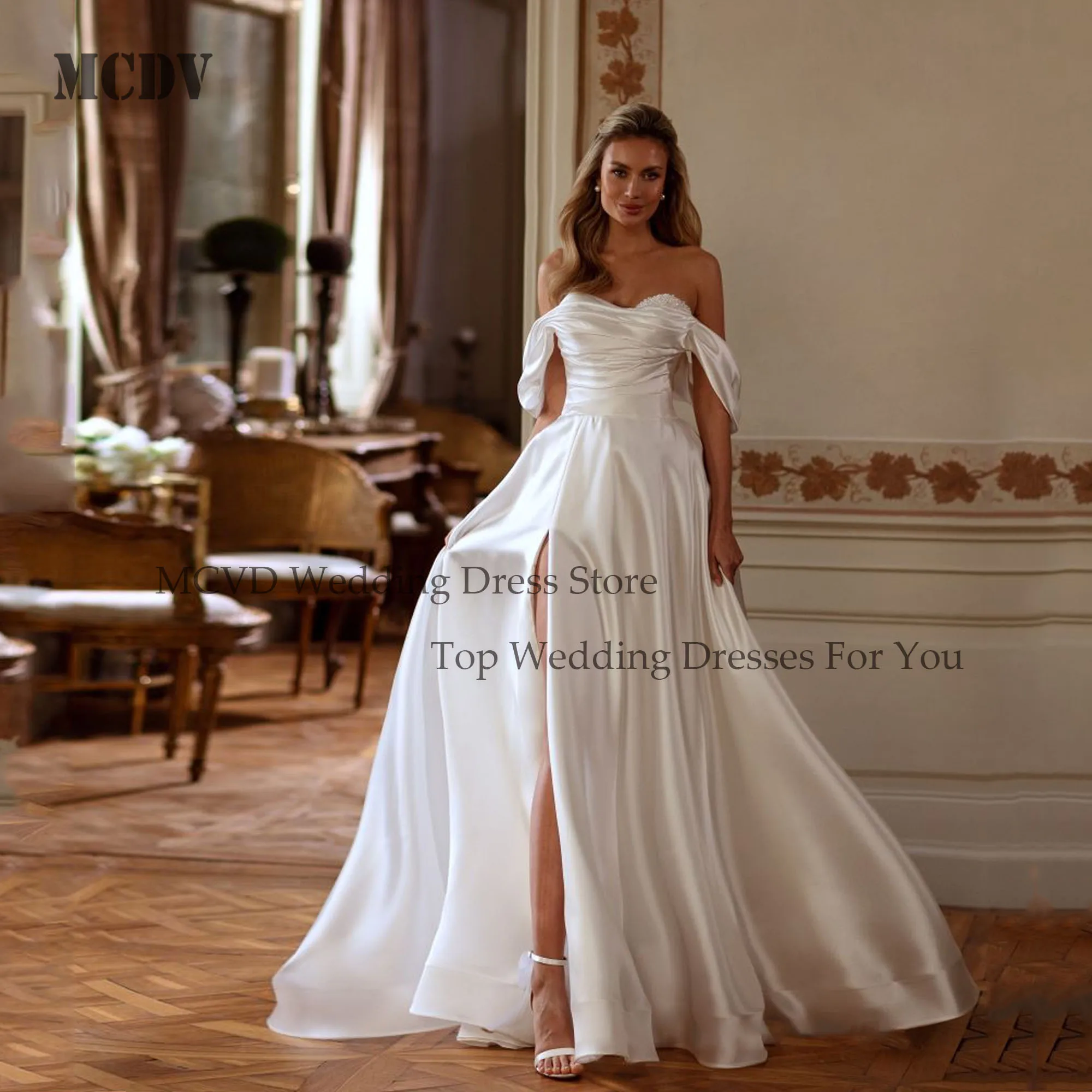 

MCDV Pleats A line Wedding Dress 2025 Bride Off Shoulder Beading Satin Bride Gowns Customized Luxury Strapless Wedding Dresses