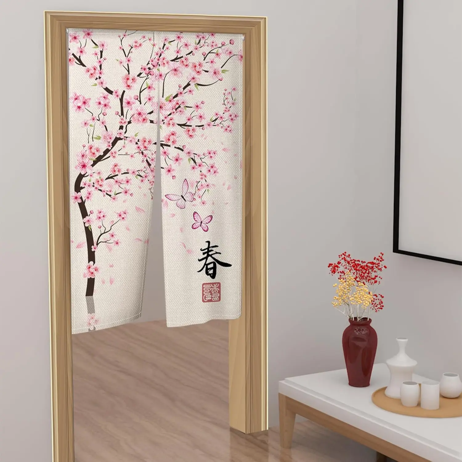 Japanese Doorway Curtain Chinese Style Spring Cherry Blossom Door Hanging Pink Floral Tradition Painting Window Bedroom