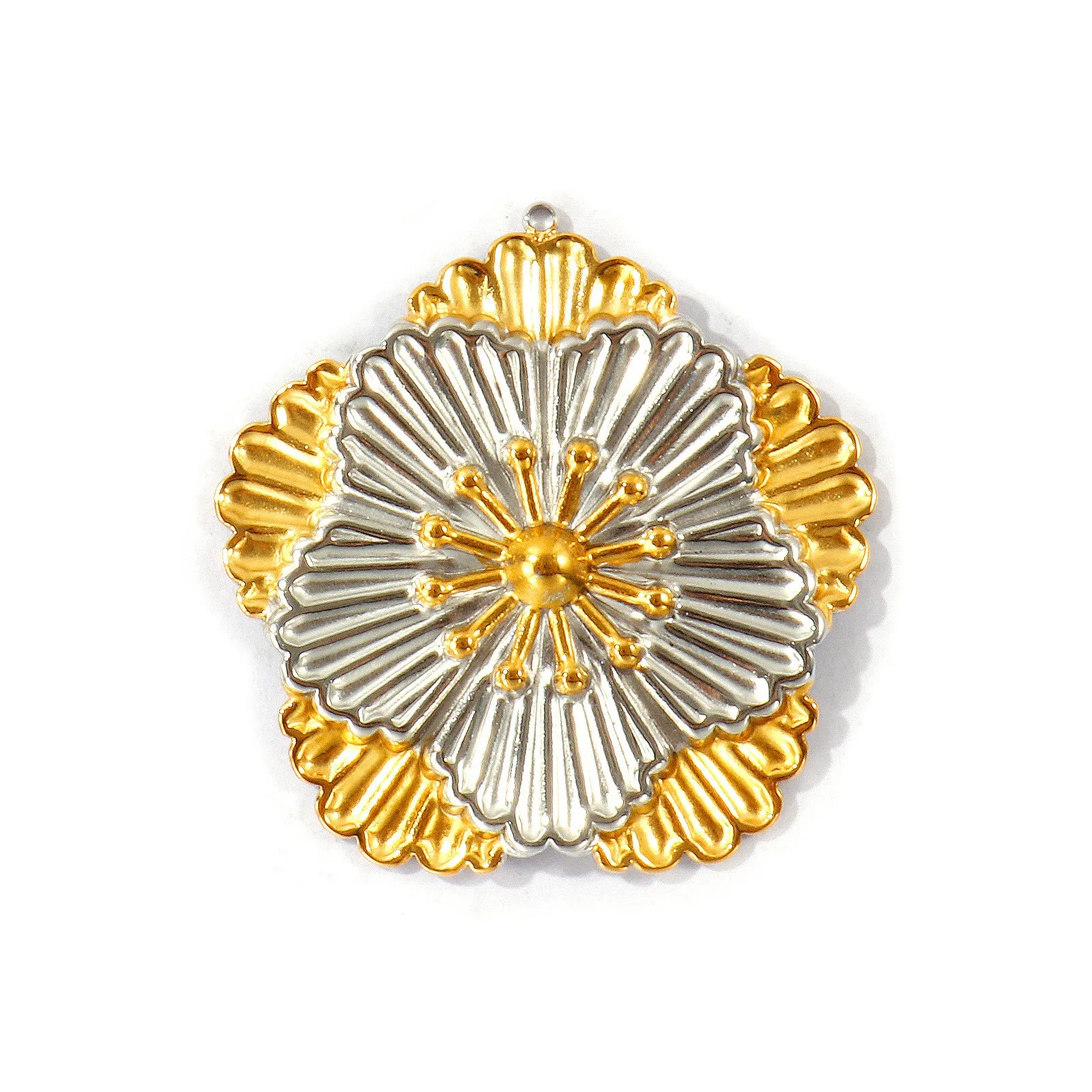 2 Stück zweifarbige Sonnenblumen-Anhänger, 18 Karat vergoldet, aus Edelstahl 304, zum Basteln von Schmuck und Halsketten, Großhandel. – Detail 3