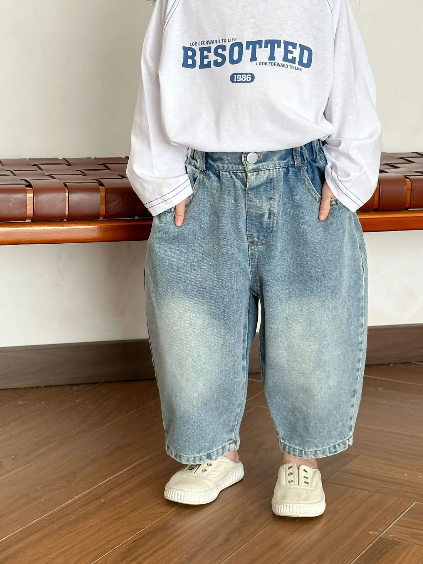 2025 Spring New Children Soft Denim Trousers Solid Boys Fashion Versatile Loose Jeans Girls Casual Pants Kids Clothes