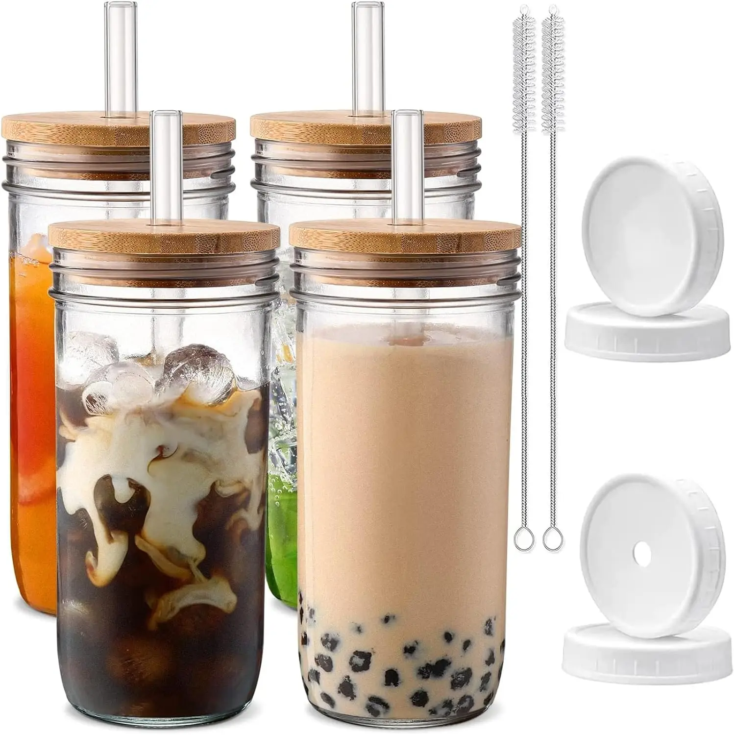 Vasos de Vidrio de 24 oz con Tapas y Pajitas, Reutilizables para Smoothies, Boba, Café Helado - Paquete de 4