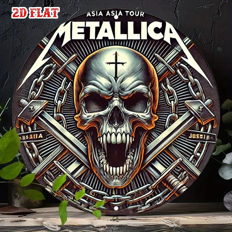 Vintage-Design „Metallica Asia Asia Tour“ im Retro-Heavy-Metal-Stil mit Totenkopf- und gekreuzten Schwertern-Illustration, kräftiges Schwarz-Silber-Finish