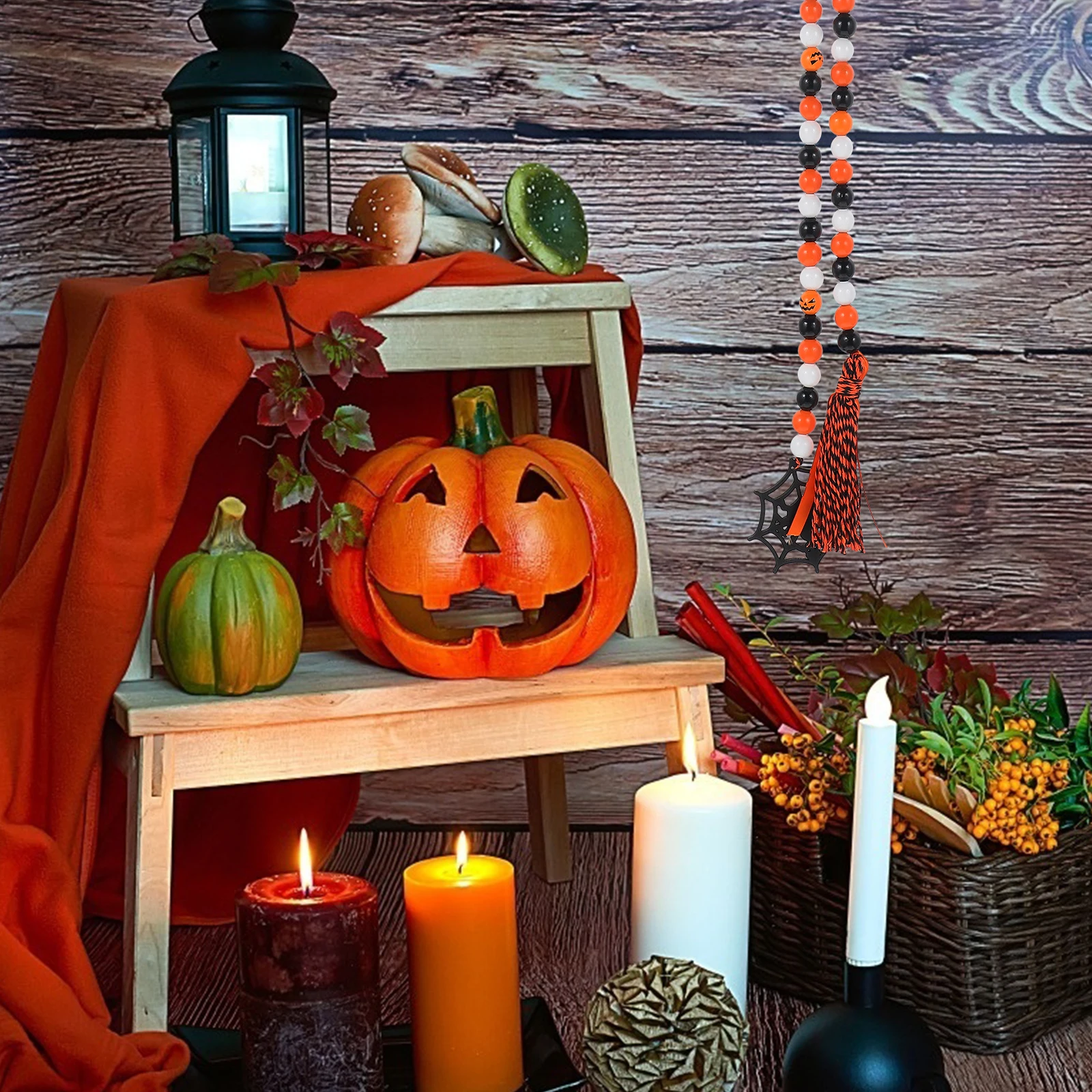 

Halloween Beaded Garland Wood Bead String Tassel Decor Rustic Wall Hanging Vintage Mantel Spider Web Ornament Home Crafts Party