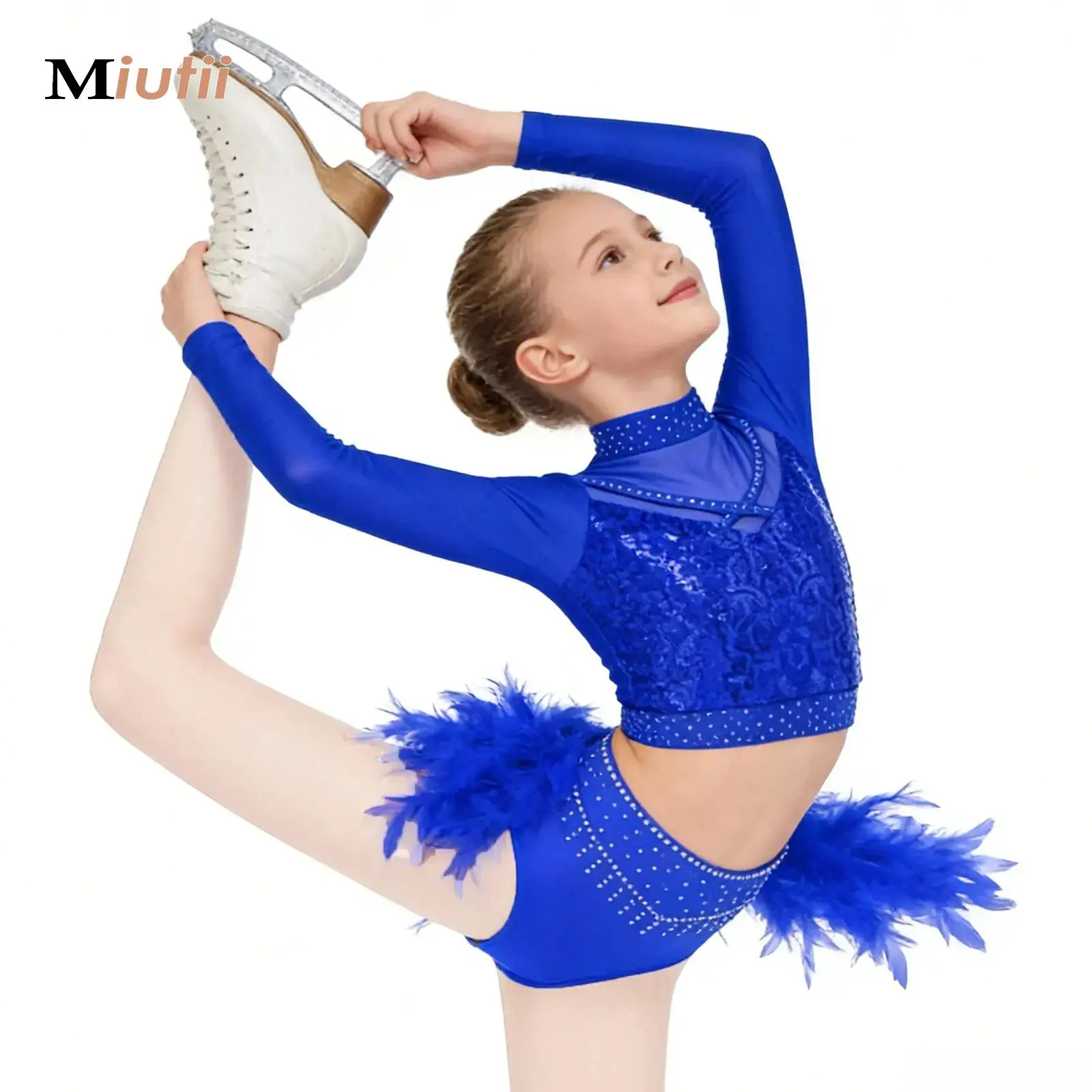 

Kids Girls Gymnastics Leotard Ballet Jazz Hip Hop Dance Performance Costume Mesh Shiny Sequins Crop Top with Feather Bottoms Set