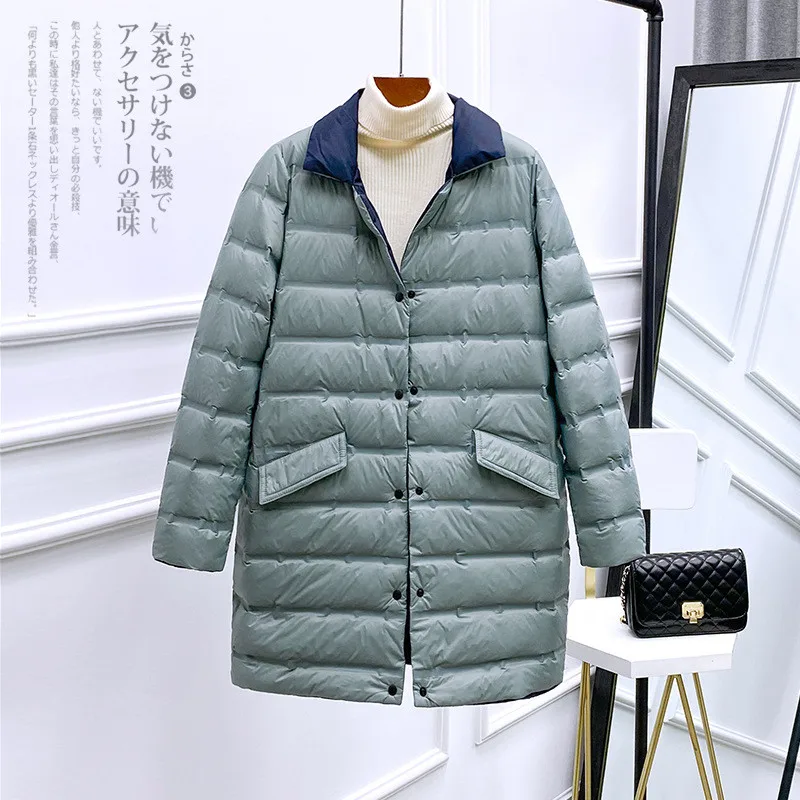 Autumn Winter Reversible Down Jacket Women Warm Light Thin White Duck Down Coat Parka Female Single-breasted Midi Long Outwears