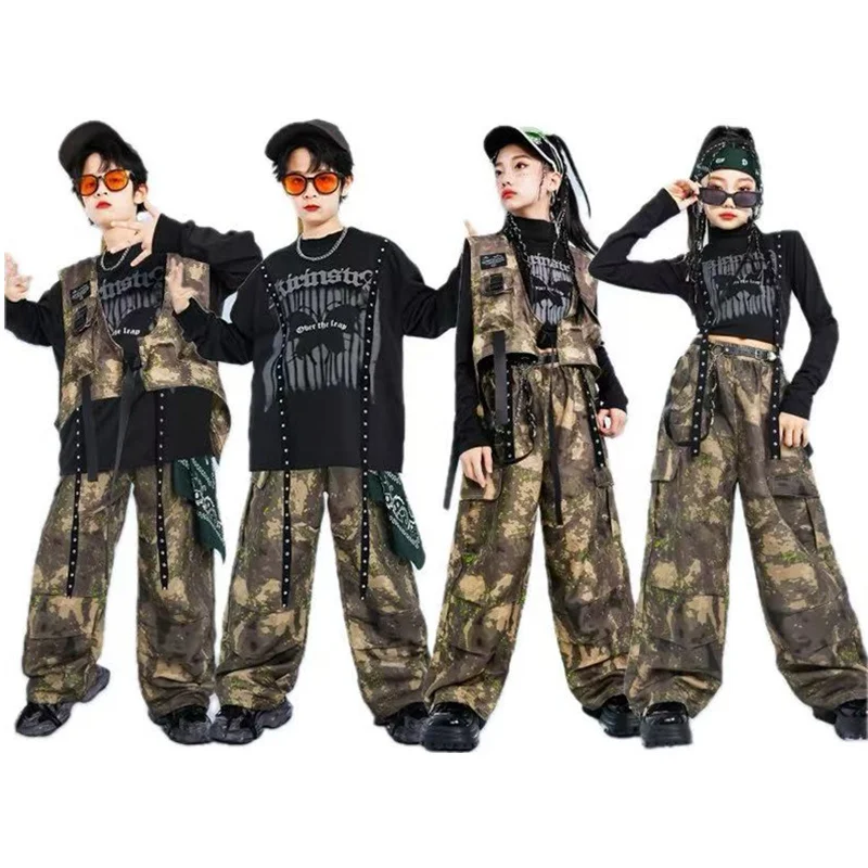 

Kids Hiphop Clothes Camouflage Pants Dance Performance Outfits Boy Girl Hip Hop Street Wear Costume Child Tracksuits y2k Set